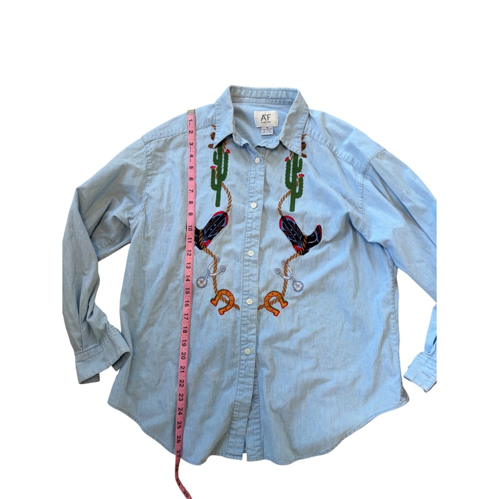 Vintage Western Denim Button Down Shirt Embroidered Cowboy Boots Cactus Sz 14 - Picture 7 of 8